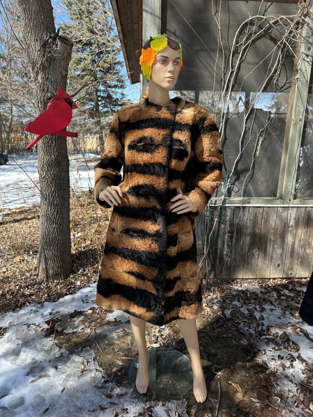 60s Zeiss Exquisit Sheepskin Fur Coat Tiger Print Animal Print Mandarin Collar